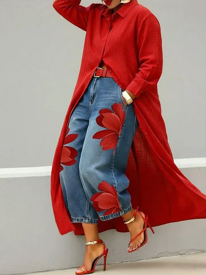 Louise | Ensemble chemise jean fleuri