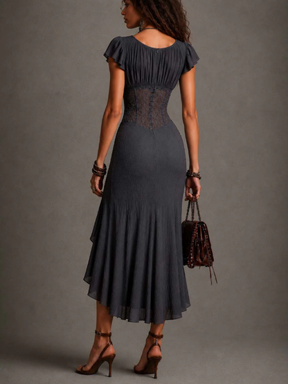 Marguerite | Robe midi dentelle grise